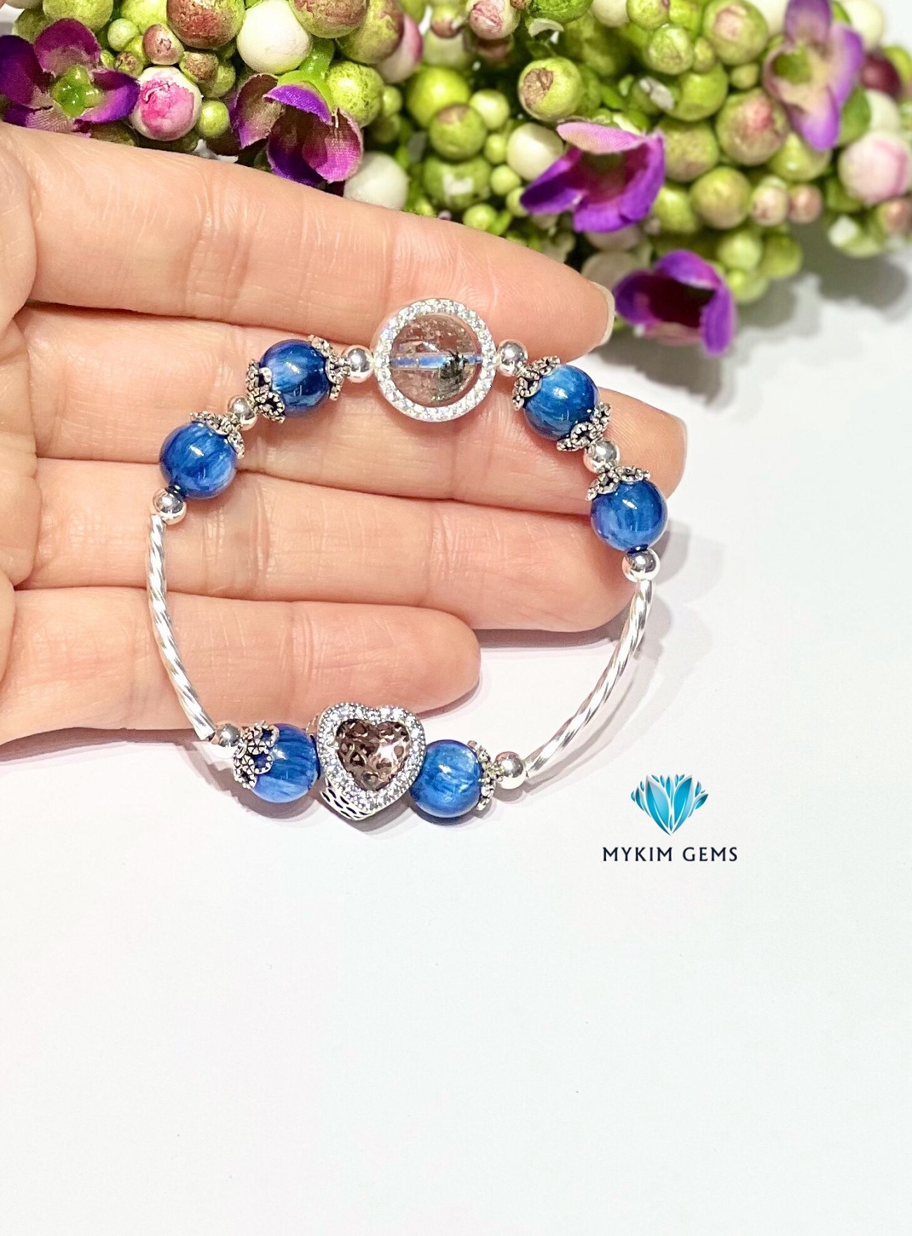 Lắc Kyanite 8mm + Thạch Anh Ưu Linh 10mm Mix charm Bạc