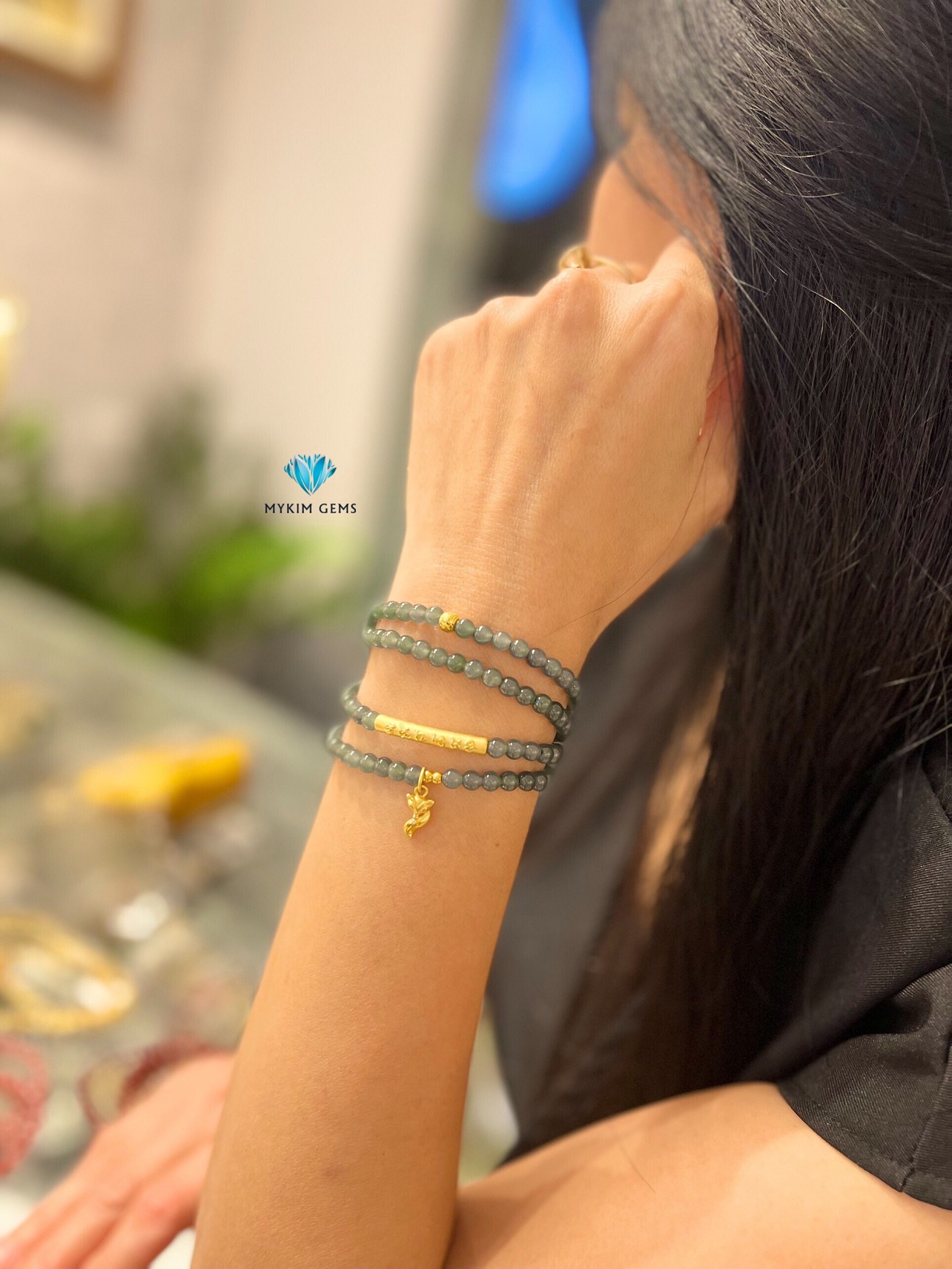 Chuỗi Vòng Lam Ngọc 5mm Mix Charm Vàng 24k