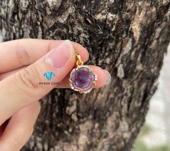 Mặt Dây chuyền Hoa Mẫu Đơn Thạch Anh Tím Bọc Vàng