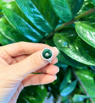 Nhẫn Vàng Trắng 14k Đồng Điếu Cẩm Thạch Sơn Thuỷ