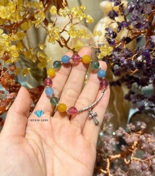 Vòng Đá Thạch Anh Dâu Tây 8mm+Mã Não Vàng 8mm+Thạch Anh Dâu Xanh 8mm+ Aquamarine A8mm Mix Charm Bạc