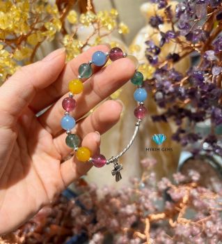 Vòng Đá Thạch Anh Dâu Tây 8mm+Mã Não Vàng 8mm+Thạch Anh Dâu Xanh 8mm+ Aquamarine A8mm Mix Charm Bạc