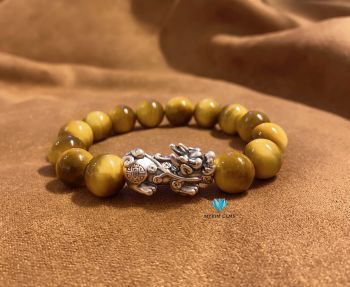 Vòng Mắt Hổ Vàng Mix Charm Tỳ Hưu Bạc