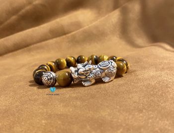 Vòng Mắt Hổ Nâu 12mm Mix Charm Tỳ Hưu Bạc