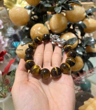 Vòng Mắt Hổ Nâu 16mm Mix Charm Tỳ Hưu Bạc