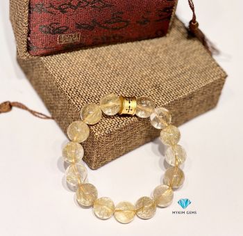 Vòng Thạch Anh Tóc Vàng A 13mm Mix Charm Đồng Si