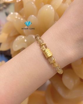 Vòng Thạch Anh Tóc Vàng A8mm Mix Charm Vàng 24k