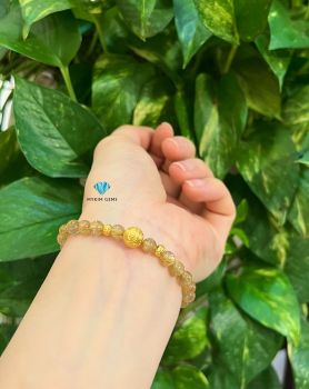 Vòng Thạch Anh Tóc Vàng Ánh Kim A 6mm Mix Charm Vàng 24k