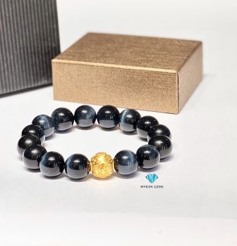 Vòng Mắt Hổ Xanh Dương A 12mm mix charm bi tiền vàng 24k