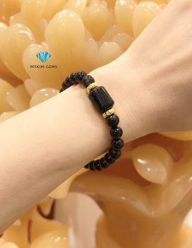 Vòng Lu Thống Thạch Anh Tóc Đen 8mm Mix Charm Vàng 24k