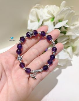 Vòng Thạch Anh Tím A8mm Mix Charm Bạc