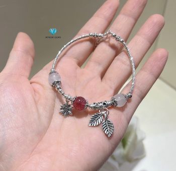 Lắc Bạc Moonstone A 8mm+ Thạch Anh Dâu Tây 8mm Mix Charm Bạc