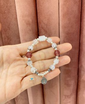 Vòng Lu Thống Moonstone A 7mm + Thạch Anh Dâu Tây 8mm Mix Charm Bạc