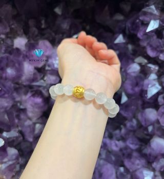 Vòng Thạch Anh Tóc Trắng 10mm Mix Charm Trú Bình An Vàng 24k