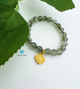 Vòng Thạch Anh Tóc Rêu 8mm Mix Charm Vàng 24k